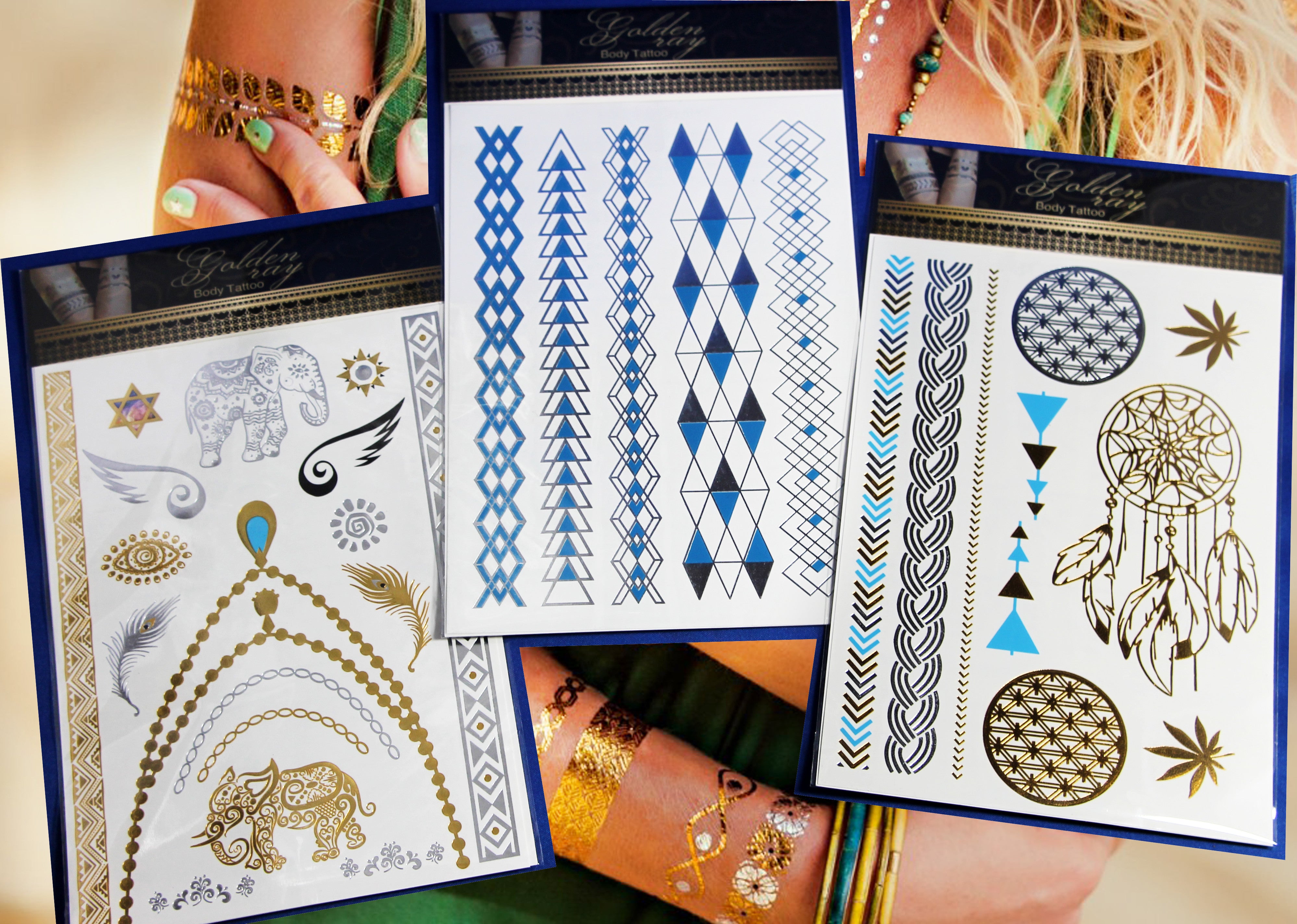 Amazon.com : (Random Send T) Waterproof Gold and Silver Metallic Temporary  Tattoos, Flash Fake Tattoo Stickers For Outdoor Body Arm Bracelets  Decoration (1 Sheet) : Beauty & Personal Care